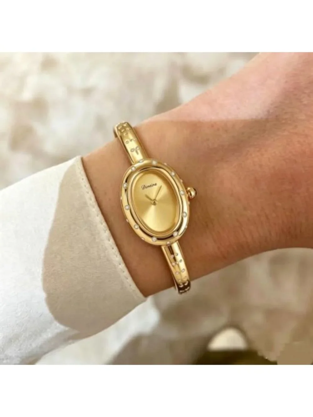 Elegant Oval Crystal Bangle Watch - Gold Stainless Steel Open Cuff Analog Wrist